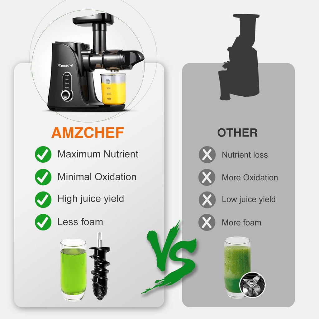 AMZCHEF Estrattore di Succo per Frutta e Verdura con 2 Modalità di Velocità - Slow Juicer con Bottiglia Portatile e 2 Tazze - Cold Press Juicer Senza BPA con LED Intelligente e Funzione di Inversione - Nero