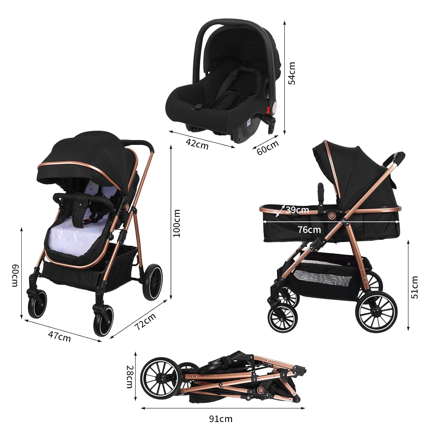 Vinteky 3 in1 Kinderwagen Buggy Kombikinderwagen Reisebuggy Komplett-Set inkl. Babywanne & Buggy Sportsitz & Auto-Babyschale Zusammenklappbar Shwarz