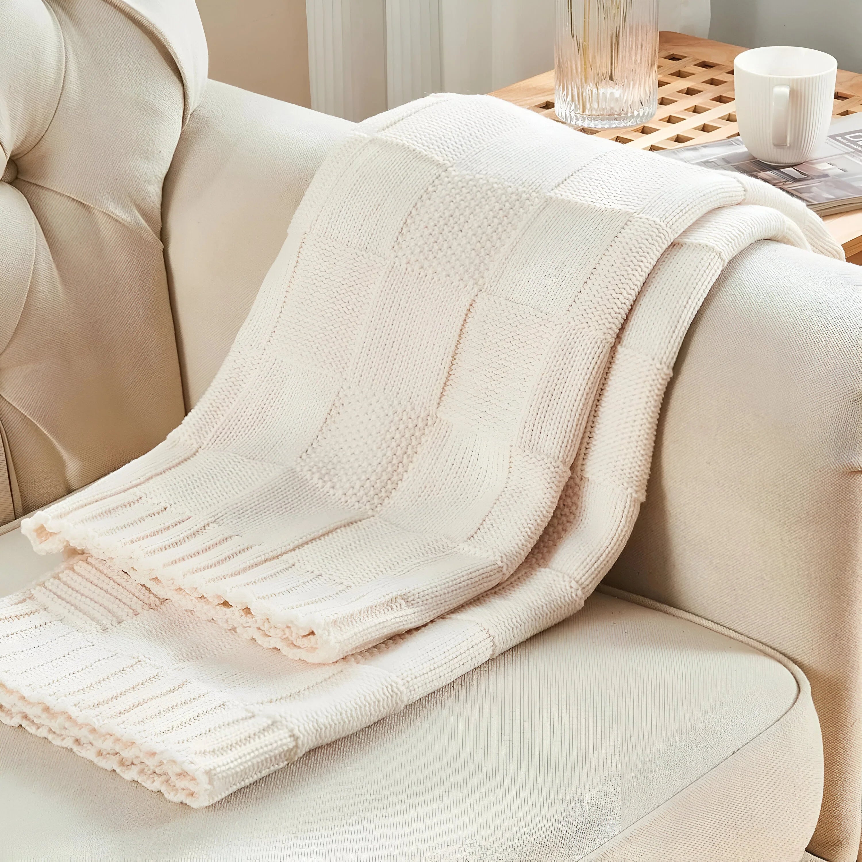 MonoKnit Coperta lavorata a maglia – Coperta in pile acrilico a righe di alta qualità, in bianco e nero, per letto e divano
