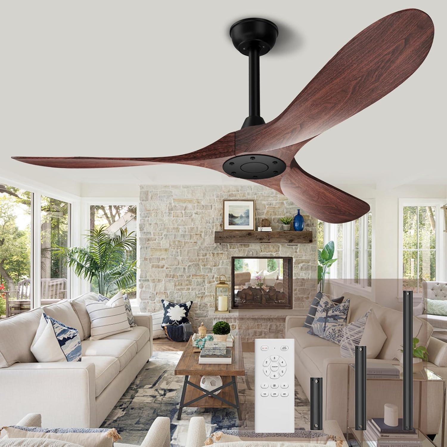 Biukis - Ventilatore da soffitto da 152 cm con telecomando, 6 velocità, motore DC reversibile per uso tutto l'anno, adatto per esterni, giardino, soggiorno, camera da letto – Noce