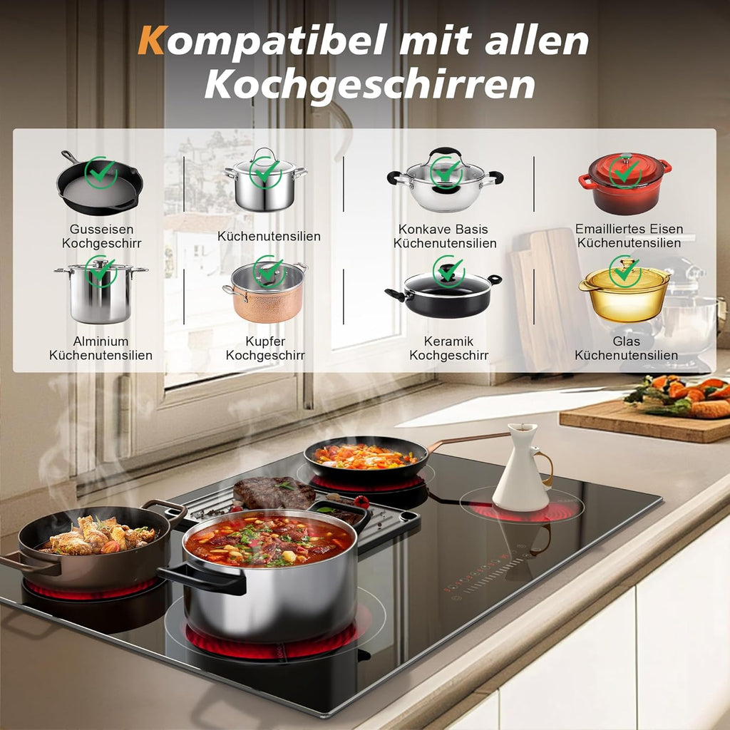 Karinear Einbau-Kochfeld aus Glaskeramik, 4 Kochfelder, mit doppelter ausziehbarer Zone, integrierter elektrischer Tisch mit Touch-Steuerung, Timer, Verriegelung für Kinder, 6600 W