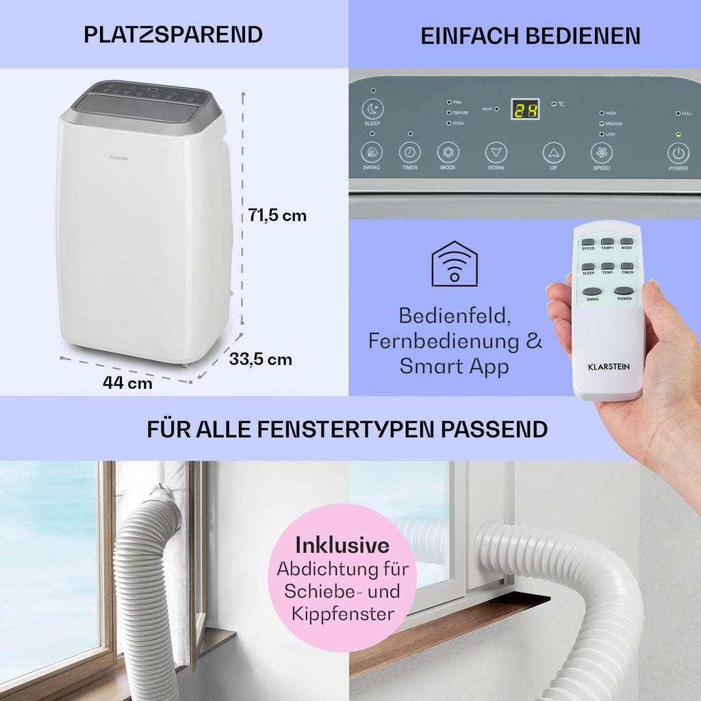 Klarstein Condizionatore Portatile 3 in 1 con Tubo di Scarico, Ventilatore, Deumidificatore e Modalità Notte, Climatizzatore Piccolo e Portatile per Casa e Ufficio, 12000 BTU Basso Consumo