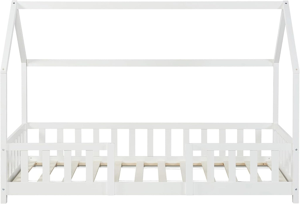 [en.casa] Letto per bambini Sisimiut a capanna 80 x 160 cm con protezione anticaduta letto in legno per bambini letto a terra rete a doghe in legno di pino Bianco opaco