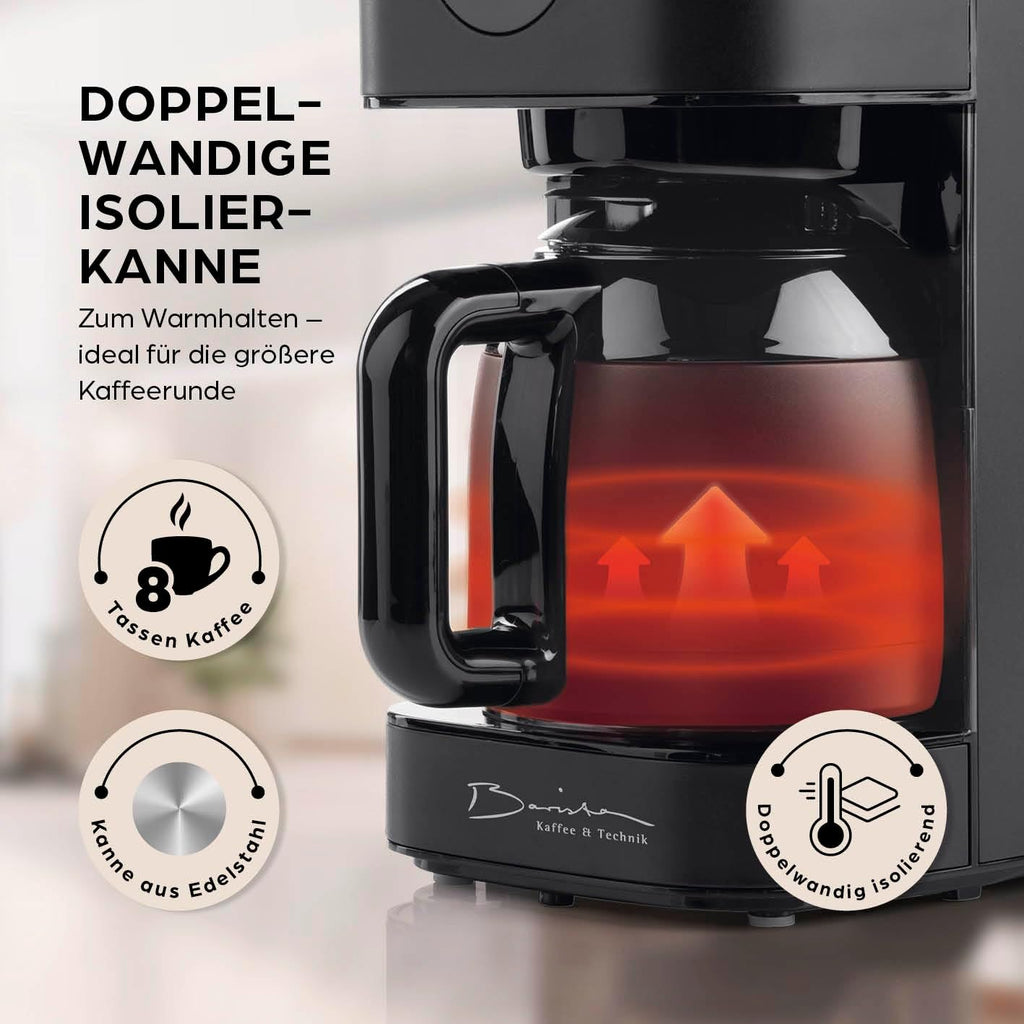 Barista Kaffeemaschine mit Mahlwerk | Filterkaffeemaschine mit Glaskanne | 900W Filtermaschine mit Touchdisplay & Timerfunktion für bis zu 10 Tassen | 1,25 Liter Kaffeekanne | Für Bohnen & Pulver