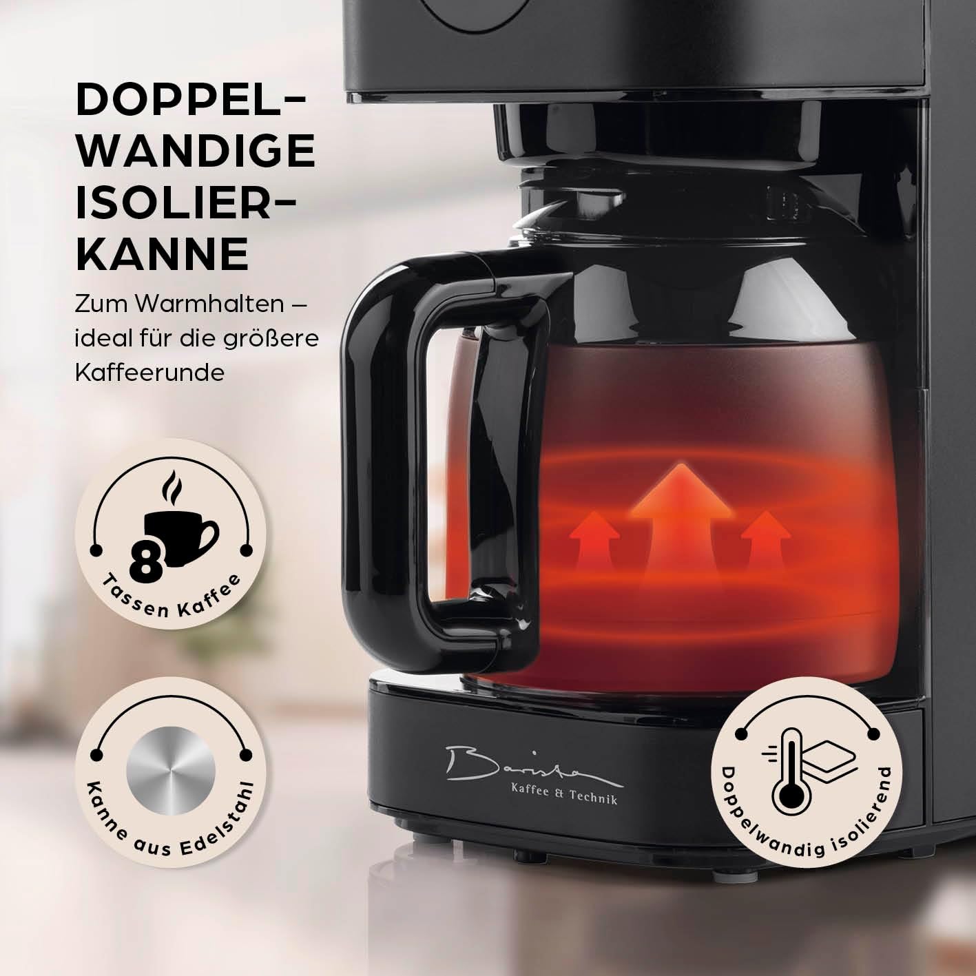 Barista Kaffeemaschine mit Mahlwerk | Filterkaffeemaschine mit Glaskanne | 900W Filtermaschine mit Touchdisplay & Timerfunktion für bis zu 10 Tassen | 1,25 Liter Kaffeekanne | Für Bohnen & Pulver