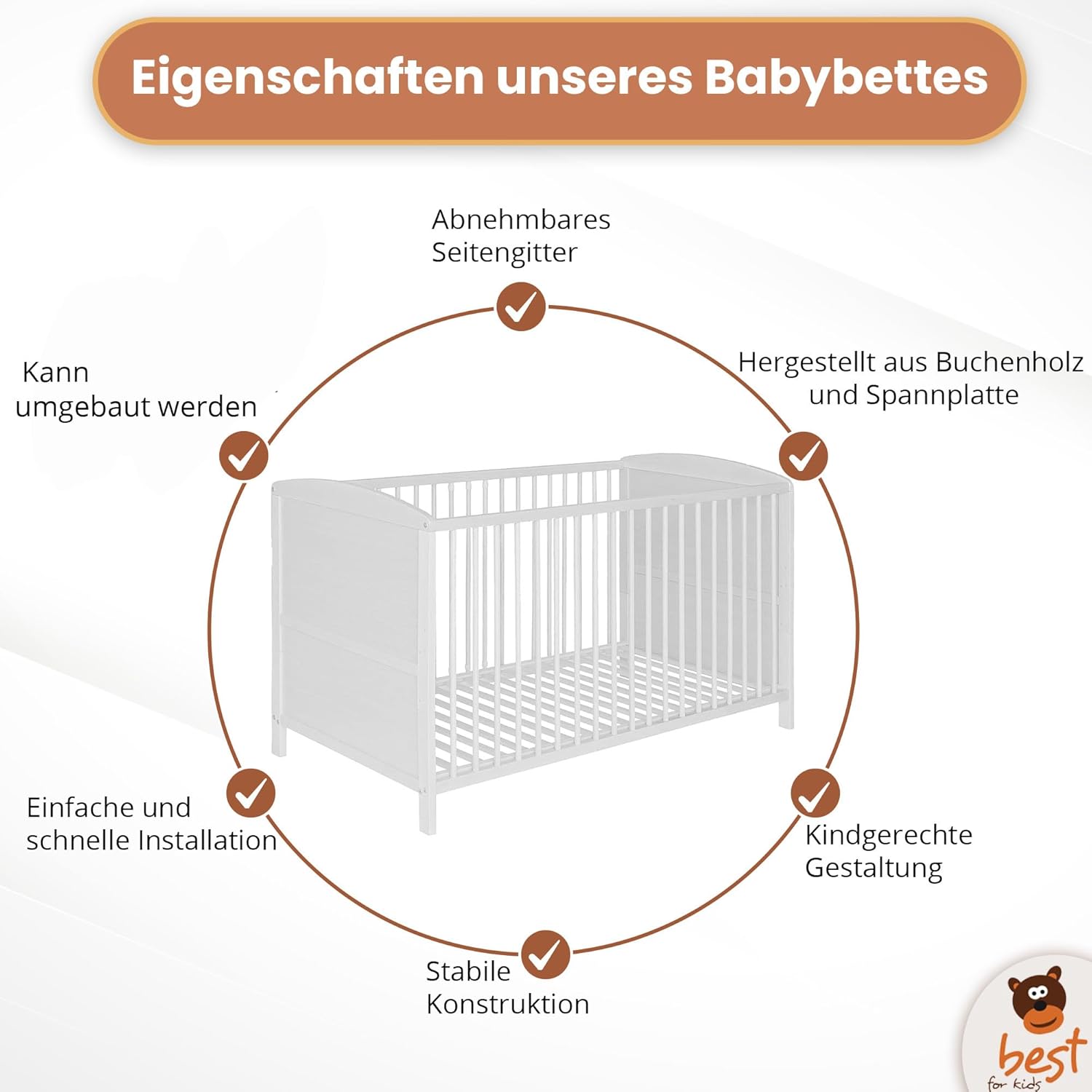 Best for Home - Baby Bett | Babybett 70x140 cm in Weiß und Braunfarbe | Junior Babybett Umbaubar | Cot ohne Matratze | Weiß Komplett Set Bebek Yatagi & Baby Cot | Babybett für Mädchen und Jungen
