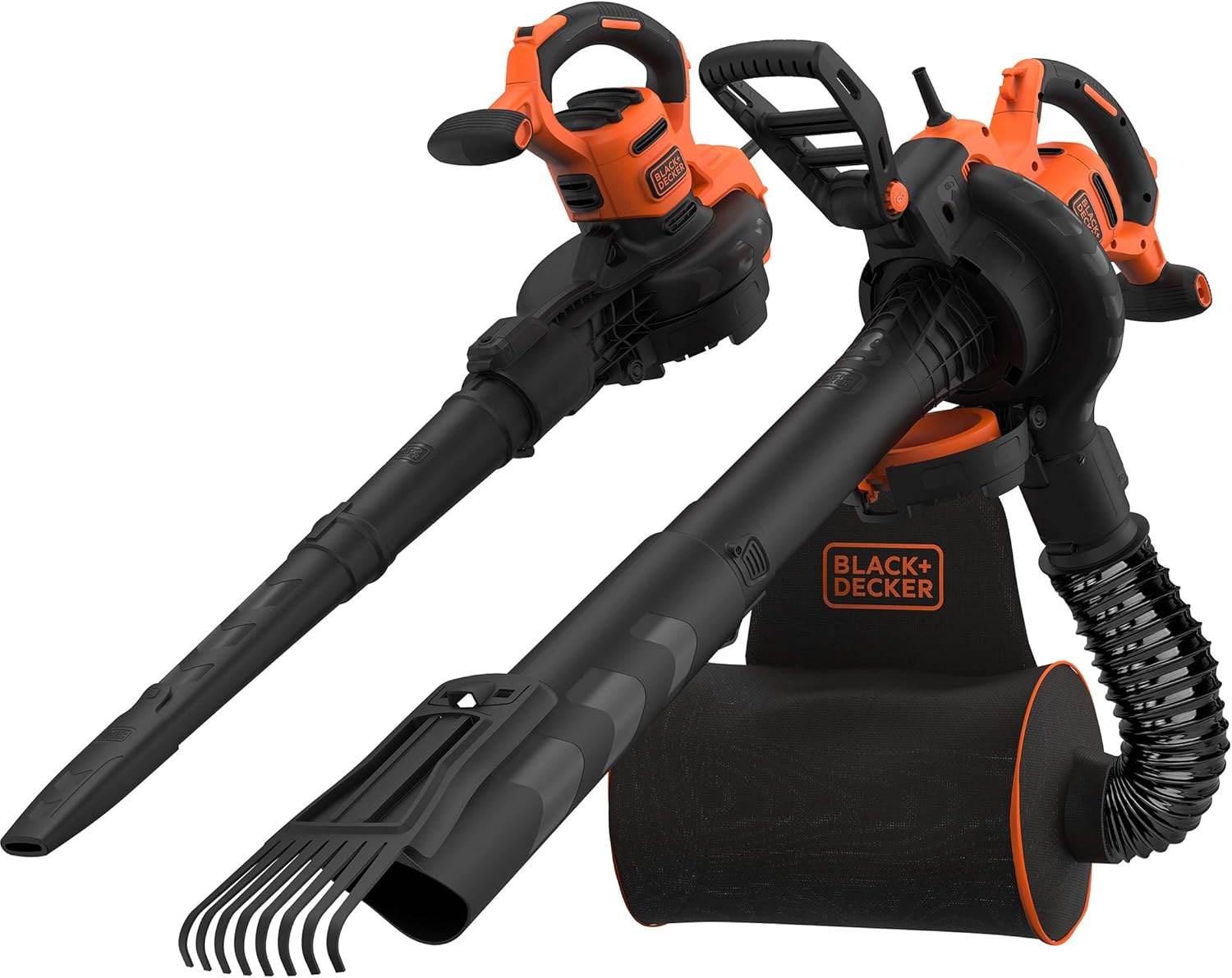 Black+Decker Aspiratore/Soffiatore Elettrico 3-in-1 BEBLV301 (3.000 Watt, con trituratore + rastrello raccogli foglie attaccabile, zaino raccogli foglie da 72l – elevata velocità di soffiaggio e potenza di aspirazione regolabile)