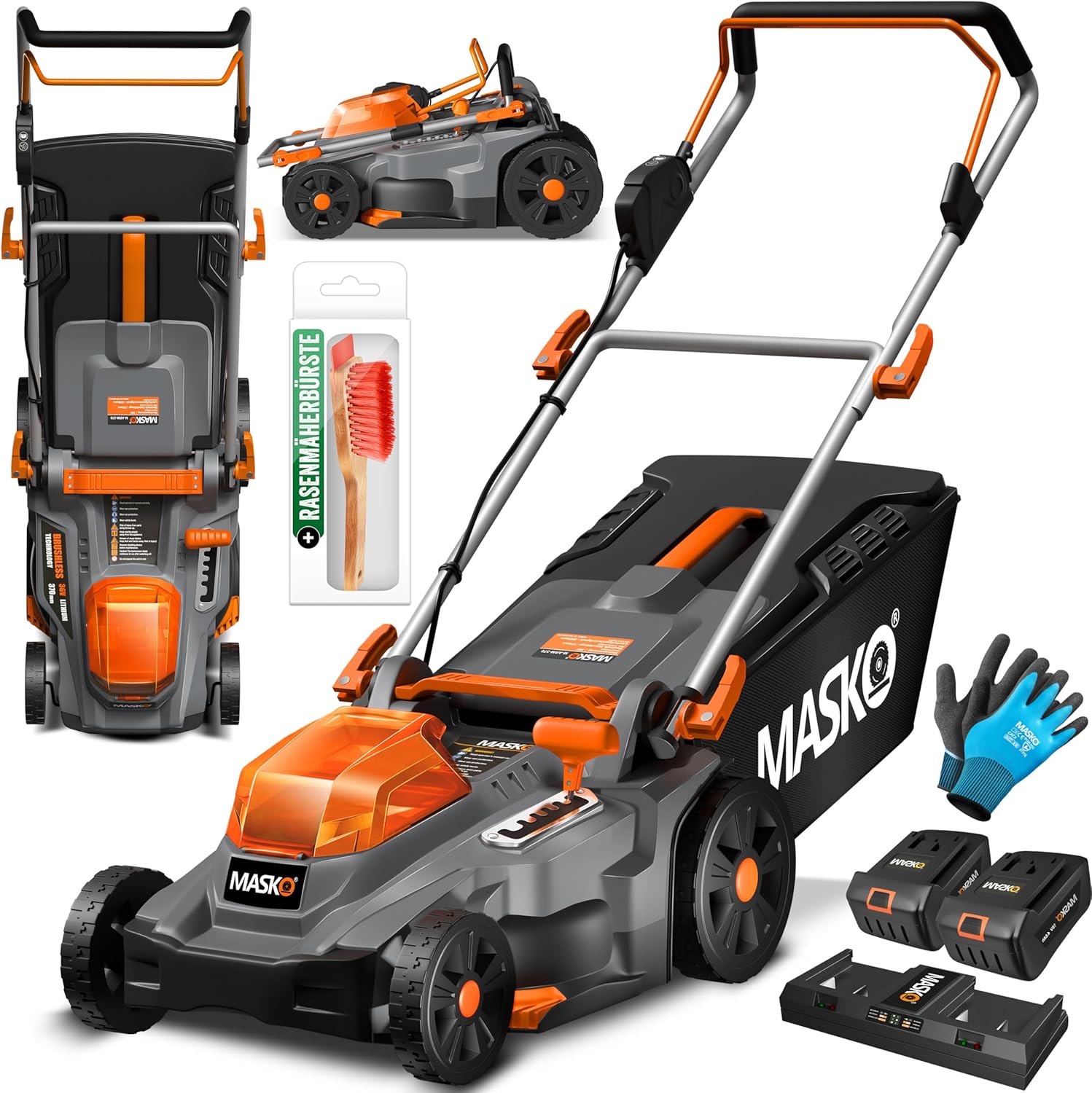 MASKO® Rasenmäher mit Mulchfunktion inkl. Zubehör, Akku Li-Ion Batterie 4Ah und Ladegerät – Rasentrimmer Schnittbreite 33cm 5 fache 25-75mm Schnitthöhenverstellung Fangkorb 30 Liter bis 150m² Flächen