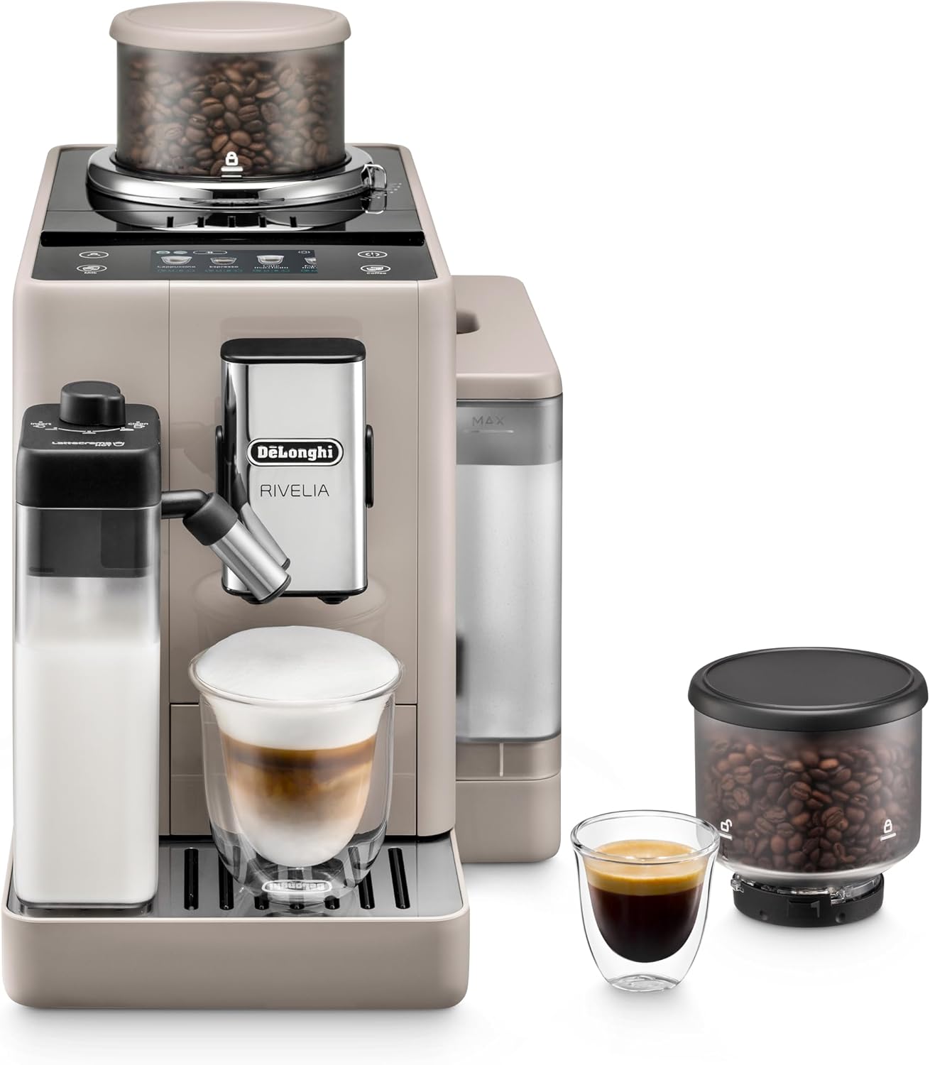 De'Longhi Rivelia EXAM440.55.W Macchina da Caffè Automatica con Sistema LatteCrema, Contenitore chicchi intercambiabile, 16 bevande caffè e latte con un solo tocco, Funzione Extra Shot, Display Touch da 3,5 pollici, Bianco