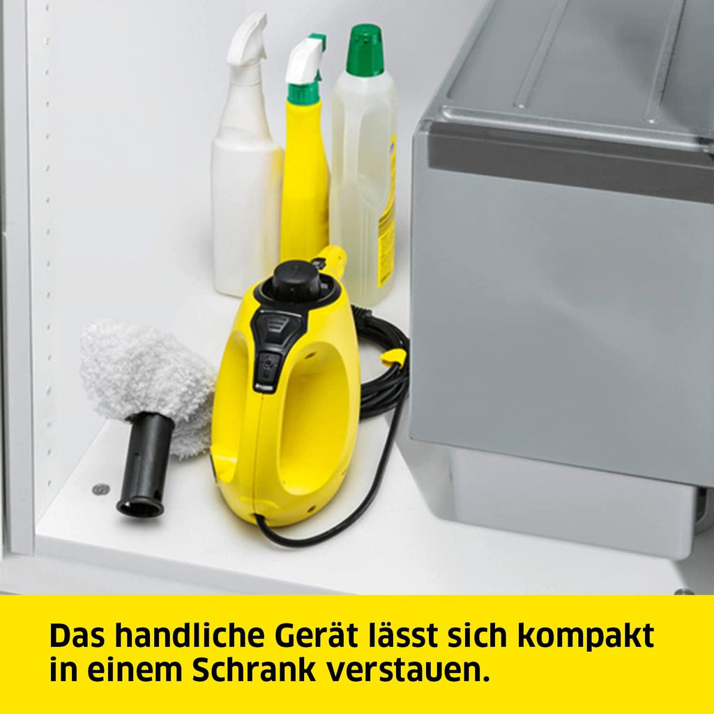 Pulitore a vapore Kärcher SC 1, pressione vapore: 3 bar, tempo di riscaldamento: 3 min., potenza: 1.200 W, resa per superficie: 20 m, serbatoio: 200 ml, con bocchetta manuale, a getto puntiforme e Power, panno in microfibra e spazzola rotonda