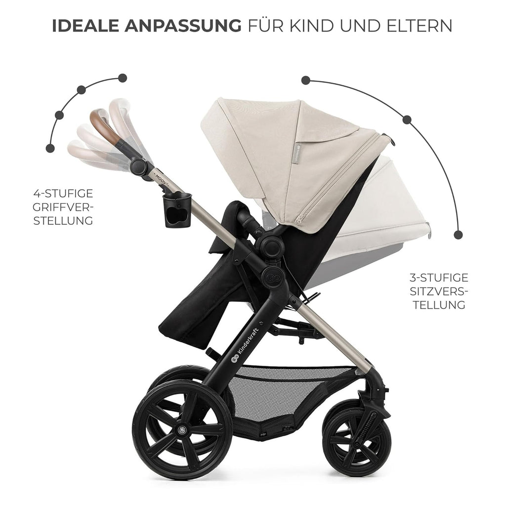 Kinderkraft MOOV2 AIR Passeggino 3 in 1 Set Passeggino fino a 26 kg con seggiolino auto I-SIZE 40-75 cm, funzione passeggino, schienale reclinabile, ampia capottina estensibile, ruote gonfiabili, nero