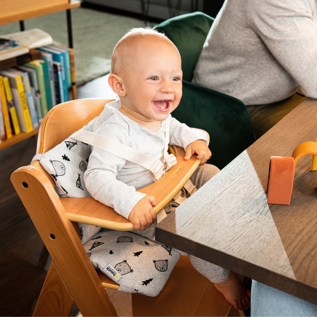 hauck Alpha Plus Newborn Set mit Premium Bouncer Dark Grey - Baby Holz Hochstuhl ab Geburt mit Liegefunktion - extra flacher Aufsatz für Neugeborene & Baumwoll Sitzpolster - Grau