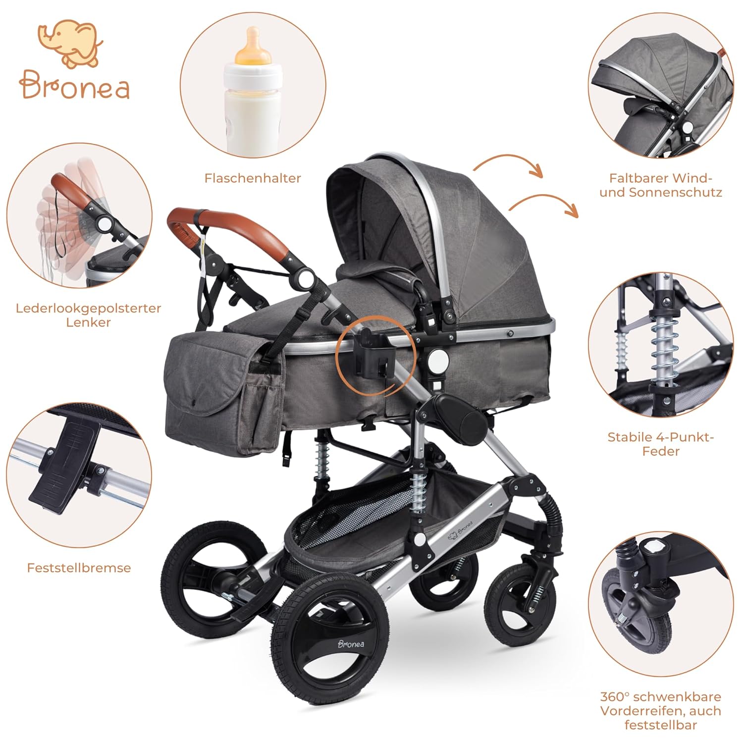 Bronea EXQUISE Kombi-Kinderwagen 3 in 1 INKL. MATRATZE | FARBAUSWAHL | Buggy, Auto-Babyschale, Zusammenklappbar mit Wickeltasche, Regenschutz, Mückenschutz & Sonnenschutz, Farbe:schwarz/champagne