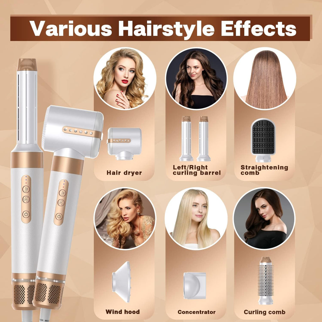 Asciugacapelli Air Styler 7 In 1, Motore ad Alta Velocità 110000 giri/min, Spazzola ad Aria Calda Con 7 Accessori, Asciugare, Lisciare, Arricciare, Dare Volume, Massaggiare il Cuoio Capelluto, Cura Ionica (Bianco)
