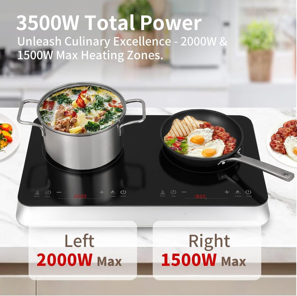 COOKTRON piano cottura a induzione a 2 fuochi, doppio piano cottura a induzione 3500W, 10 livelli di temperatura, 9 livelli di potenza, funzione Booster, timer di 4 ore, controllo touch, Nero