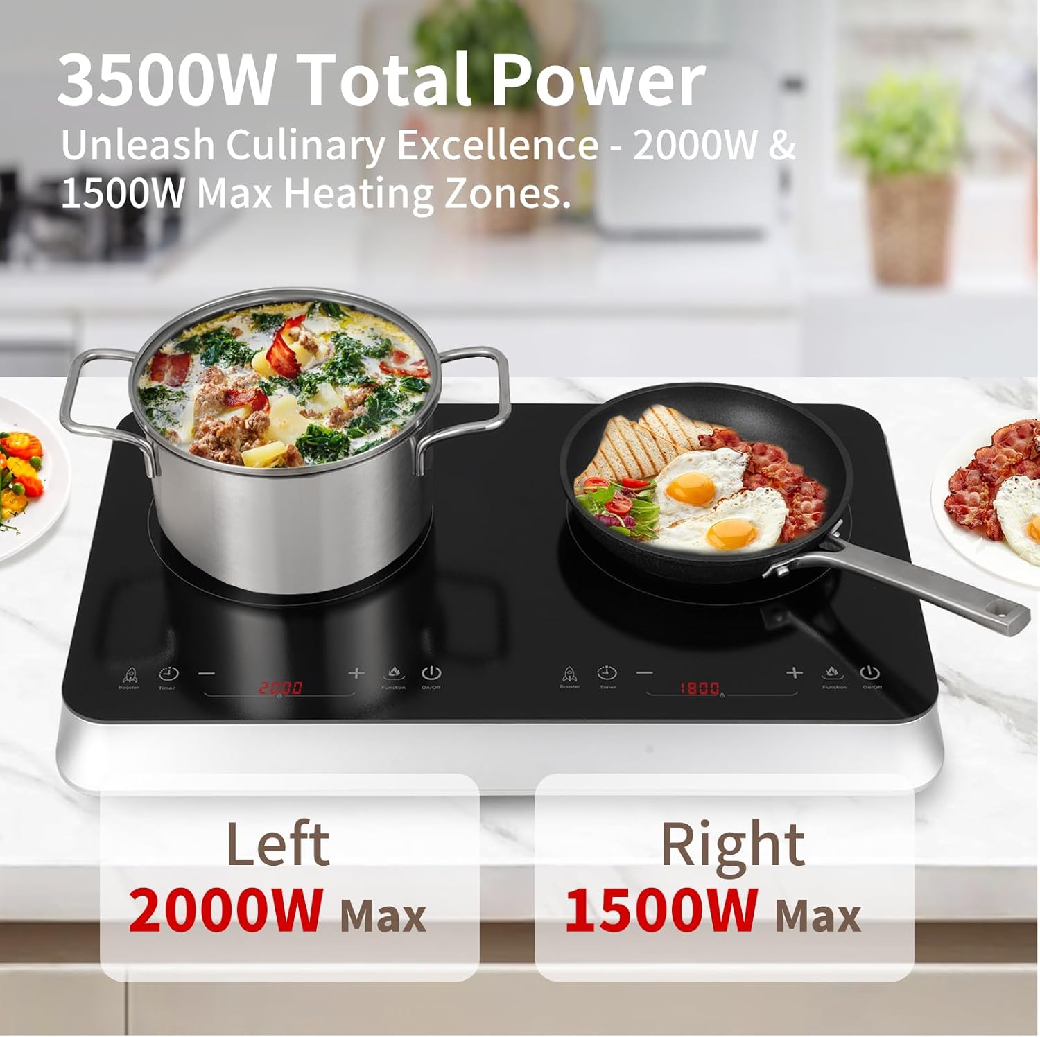 COOKTRON piano cottura a induzione a 2 fuochi, doppio piano cottura a induzione 3500W, 10 livelli di temperatura, 9 livelli di potenza, funzione Booster, timer di 4 ore, controllo touch, Nero