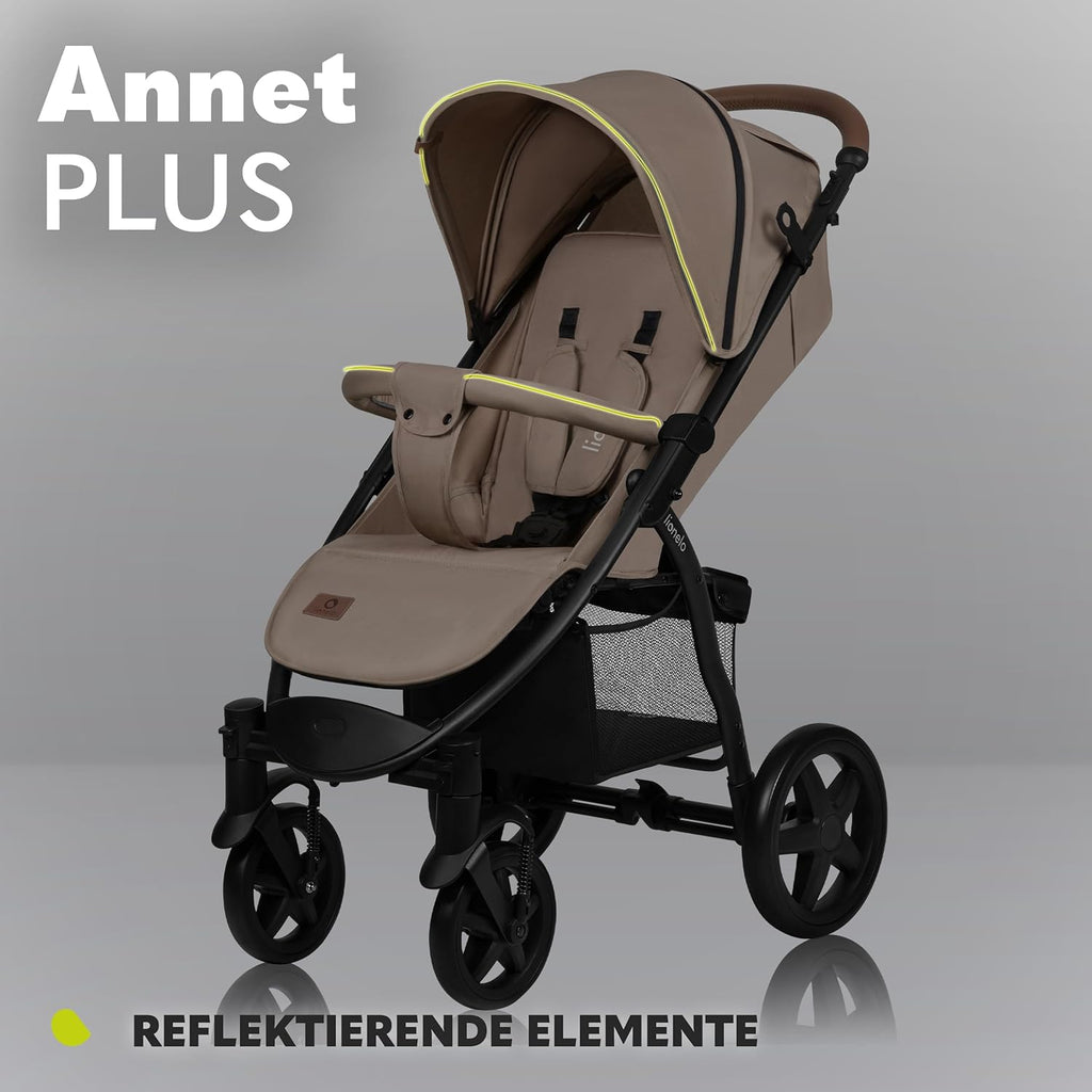 LIONELO Annet Buggy fino a 22 kg con funzione reclinabile, passeggino compatto richiudibile con accessori, ruote in schiuma EVA, zanzariera, coprigambe, portabevande, cestino (Golden Moments, Tour)