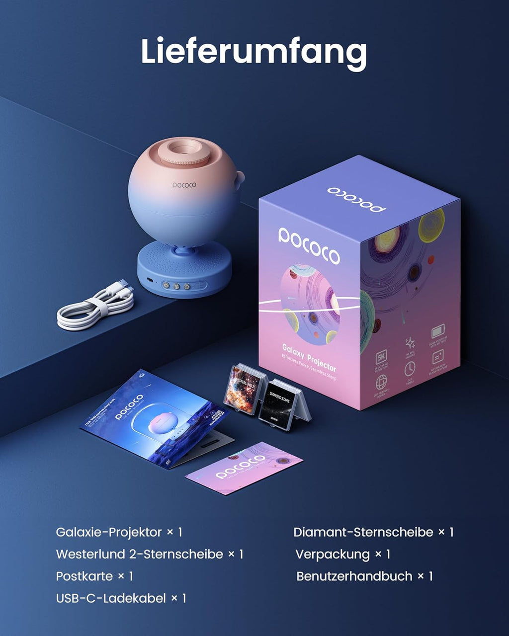 POCOCO Healing Vibes Geschenkbox, Sternenhimmel Projektor Kinder und Erwachsene, Sternenprojektor, Planetarium als Geschenk, Dekoration, Einschlafhilfe und Entspannung - mit 10 Scheiben und Spieluhr