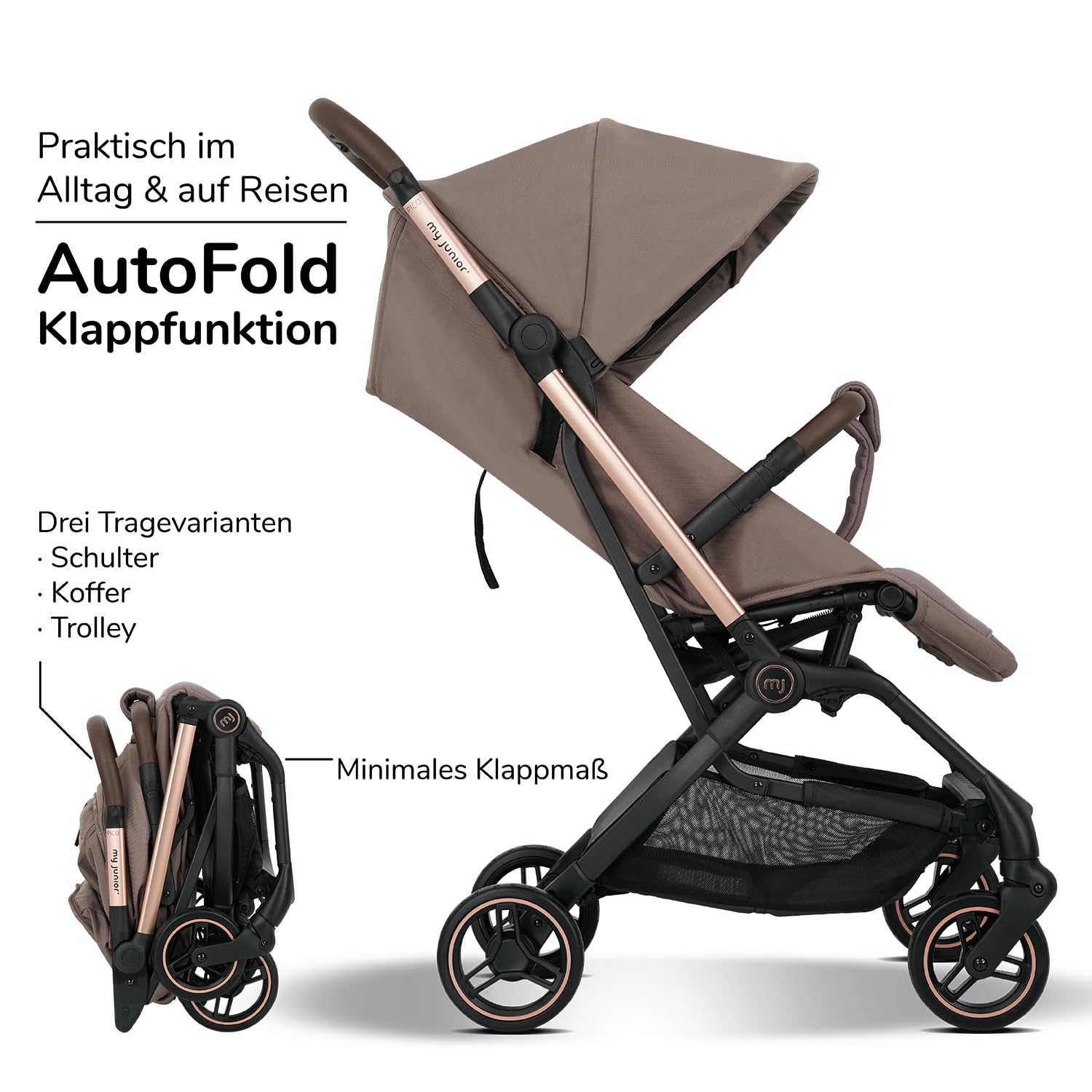 my junior® Buggy PICO³ | bis 22kg | Einhand AutoFold-Klappmechanismus | Ergonomische Liegeposition nach IGR e.V. | großes Sonnenverdeck UV50+ | Handgepäckmaß | 2 Belüftungsfenster Hazel - Black