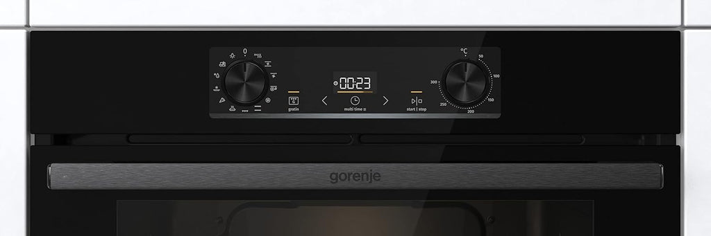 Gorenje 738971 Einbaubackofen-Set OptiBake Black Steam Pyro Set / 77L / Heißluft/Pyrolyse/ExtraSteam/GentleClose/AirFry/Pizzamode 300°C/PerfectGrill/Induktions-Kochfeld mit BridgeZone/schwarz