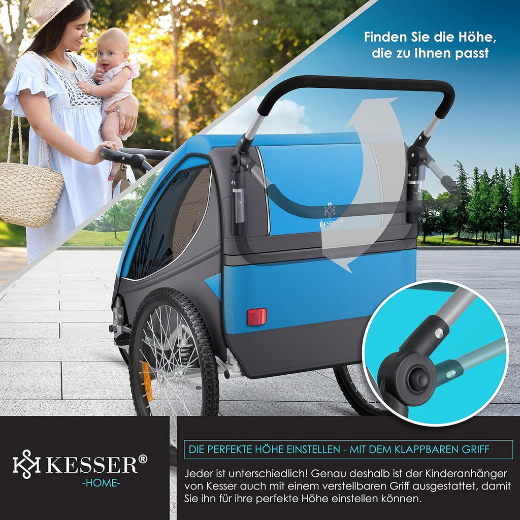 KESSER® Kinderanhänger Fahrradanhänger 360° Drehbar mit Federung 2in1 Joggerfunktion Kinderfahrradanhänger + 5-Punkt Gurt Jogger Fahrrad Anhänger für 1 bis 2 Kinder max. 40kg Inkl. Warnfahne, Schwarz