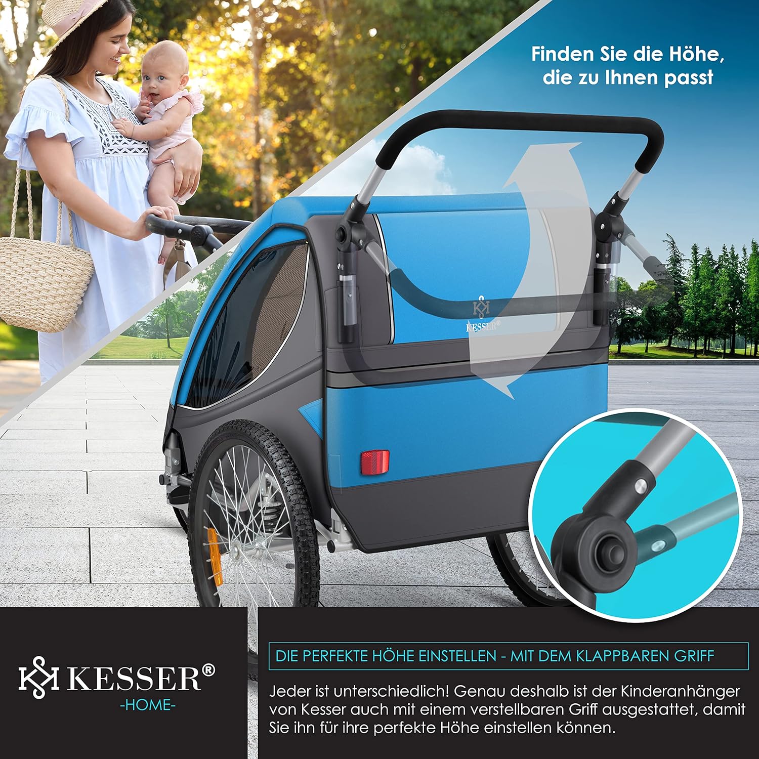 KESSER® Kinderanhänger Fahrradanhänger 360° Drehbar mit Federung 2in1 Joggerfunktion Kinderfahrradanhänger + 5-Punkt Gurt Jogger Fahrrad Anhänger für 1 bis 2 Kinder max. 40kg Inkl. Warnfahne, Schwarz