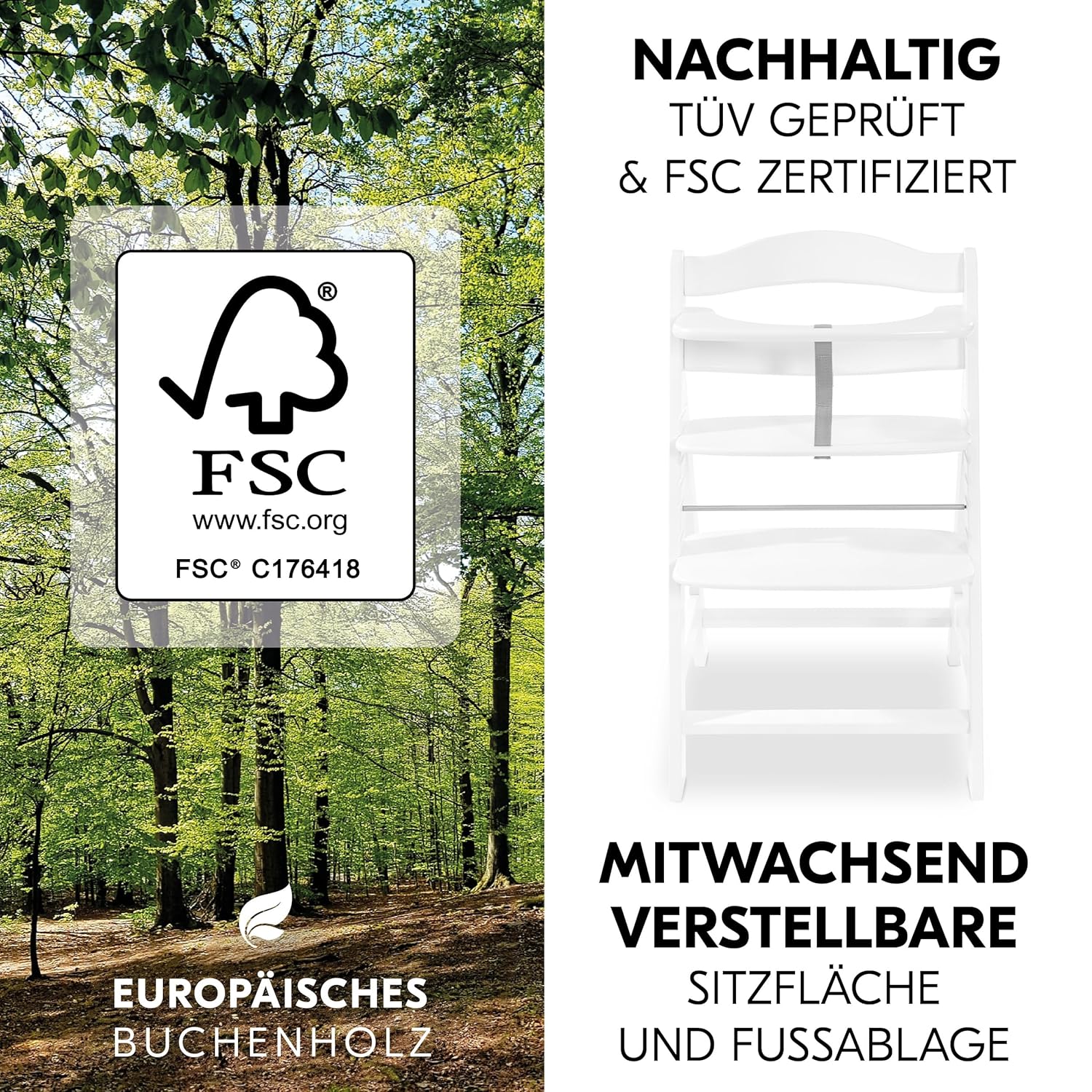 hauck Hochstuhl Alpha Plus Newborn Set mit 2in1 Bouncer - Mitwachsender Holz Babyhochstuhl ab Geburt, inkl. Sitzauflage & Neugeborenenaufsatz - Dark Grey