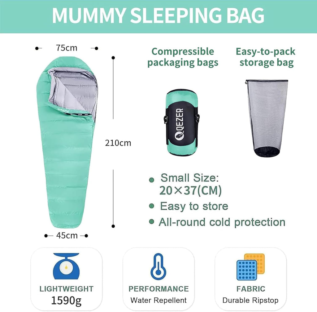 QEZER Daunenschlafsack Warmer Winter Schlafsack Outdoor -8°C bis -23°C 4 Jahreszeiten Mumienschlafsack für Erwachsener und Jugendliche Camping Outdoor und Indoor