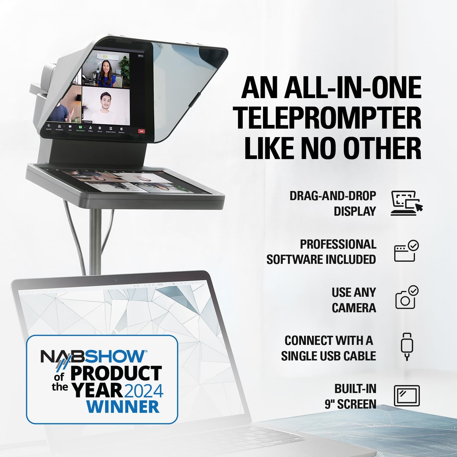Elgato Prompter – Teleprompter mit integriertem Bildschirm für YouTube, Twitch, Zoom, Teams und mehr, unterstützt DSLR/Webcam/Smartphone, Drag&Drop-Monitoranzeige, funktioniert mit Mac/PC&Stream Deck