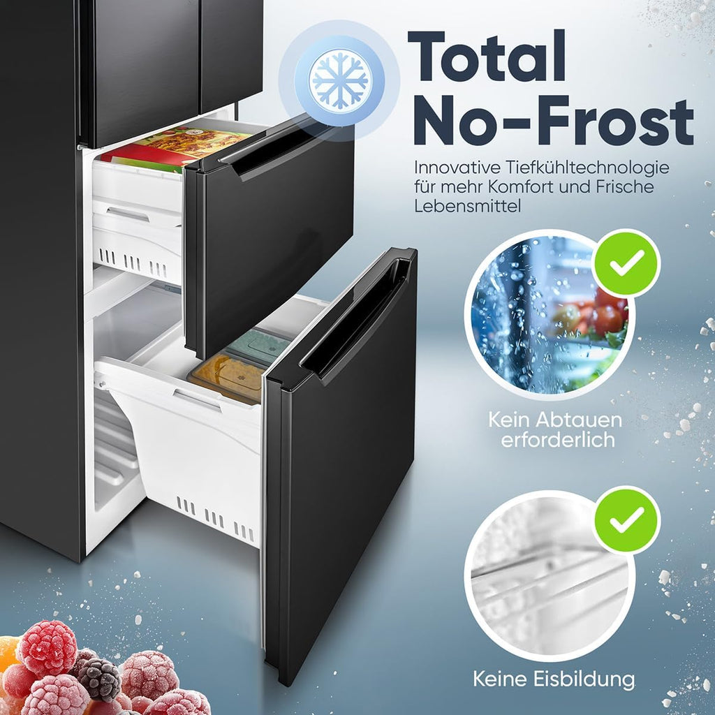 Bomann® Frigorifero con Congelatore | Congelatore No-Frost | Frigorifero da 186 cm | 39 dB | Combinato Frigorifero-Congelatore con MultiAirflow | 320L | Combinato Frigorifero-Congelatore No-Frost | KG 7361 nero-inox