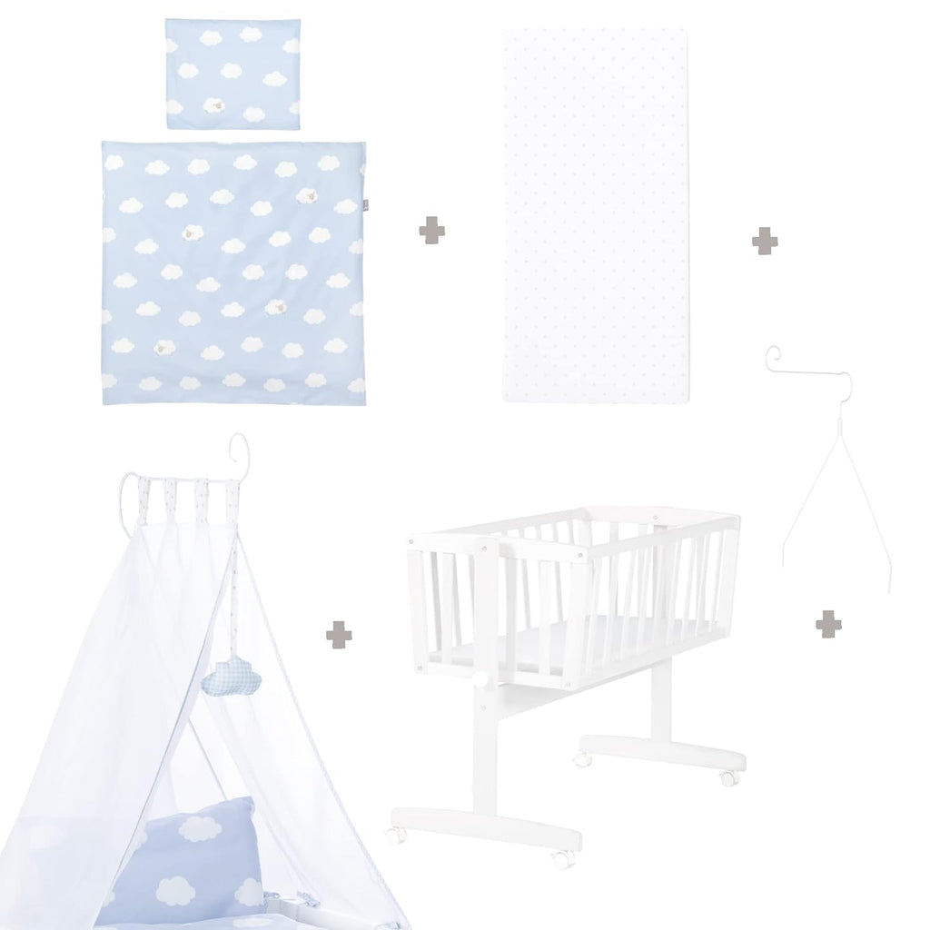 roba Babywiege 40 x 90 cm Adam & Eule - Stubenwagen & Wiege mit Rollen - Bett Set komplett mit Feststellfunktion - Inkl. textiler Ausstattung - Holz weiß