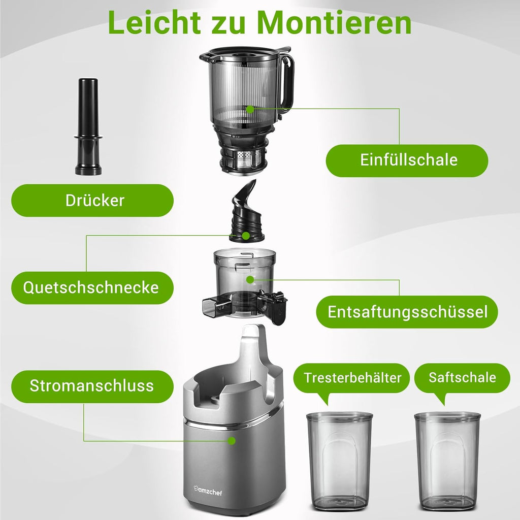 AMZCHEF Estrattore di Succo Automatico Tutto in Uno, Apertura da 135MM e Spremiagrumi da 1,8L per Frutta e Verdura, Estrattore di Succo Lento 250W Vincitore del Test con Triplo Filtro - Nero