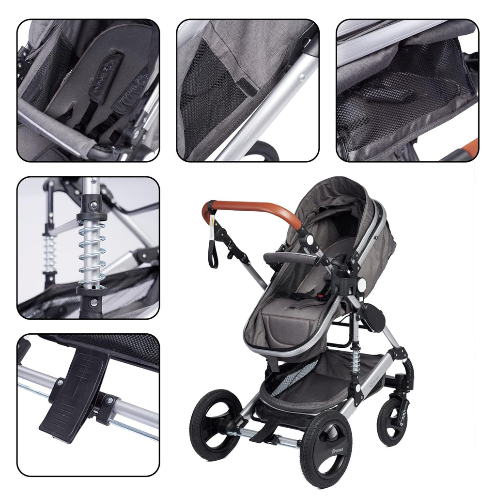 Bronea EXQUISE Kombi-Kinderwagen 3 in 1 INKL. MATRATZE | FARBAUSWAHL | Buggy, Auto-Babyschale, Zusammenklappbar mit Wickeltasche, Regenschutz, Mückenschutz & Sonnenschutz, Farbe:schwarz/champagne