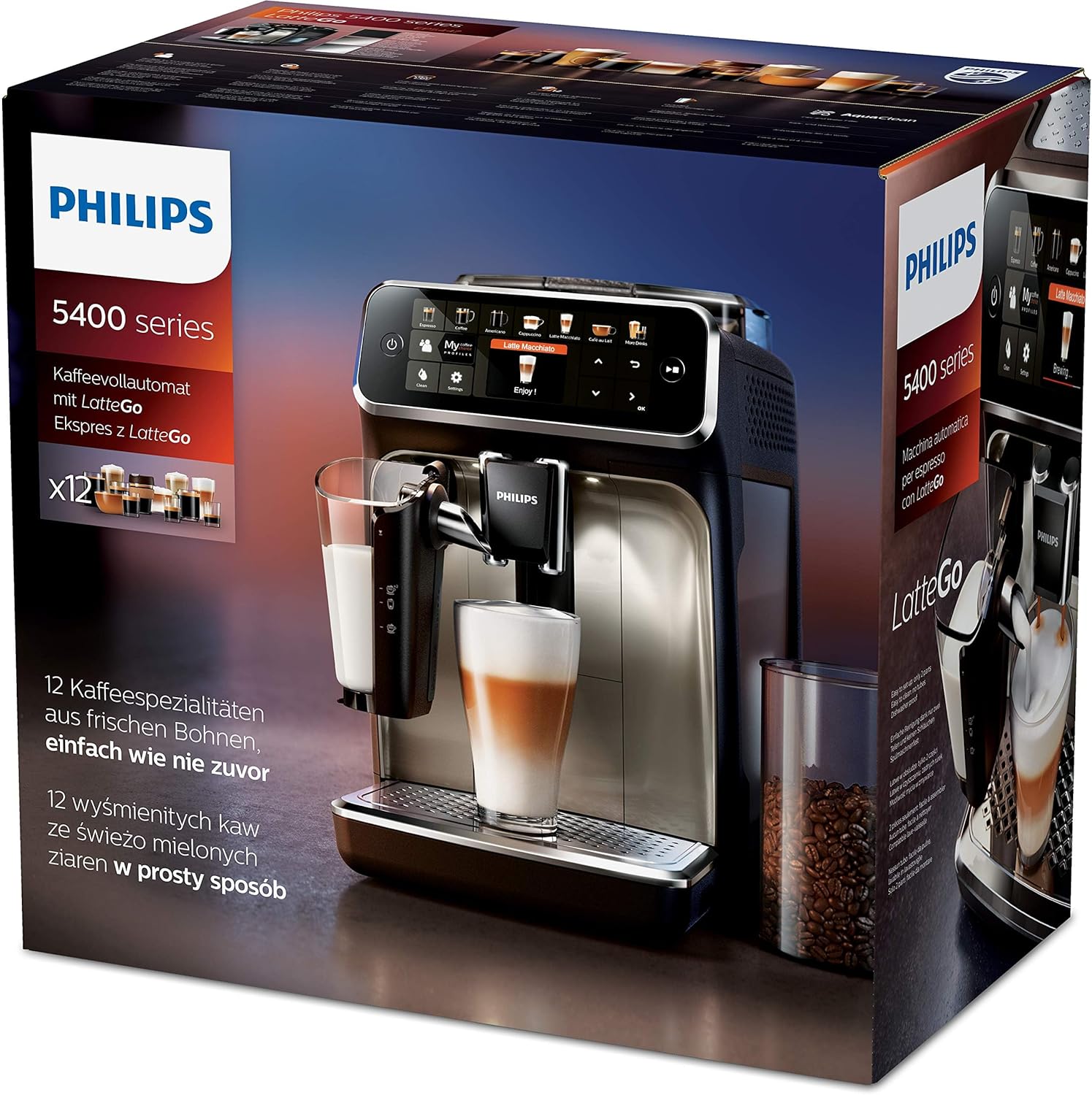 Philips Serie 5400 Macchina da Caffè Automatica – Sistema LatteGo, 12 Bevande a Base di Caffè, Display Intuitivo, 4 Profili Utente, Cromo (EP5447/90)