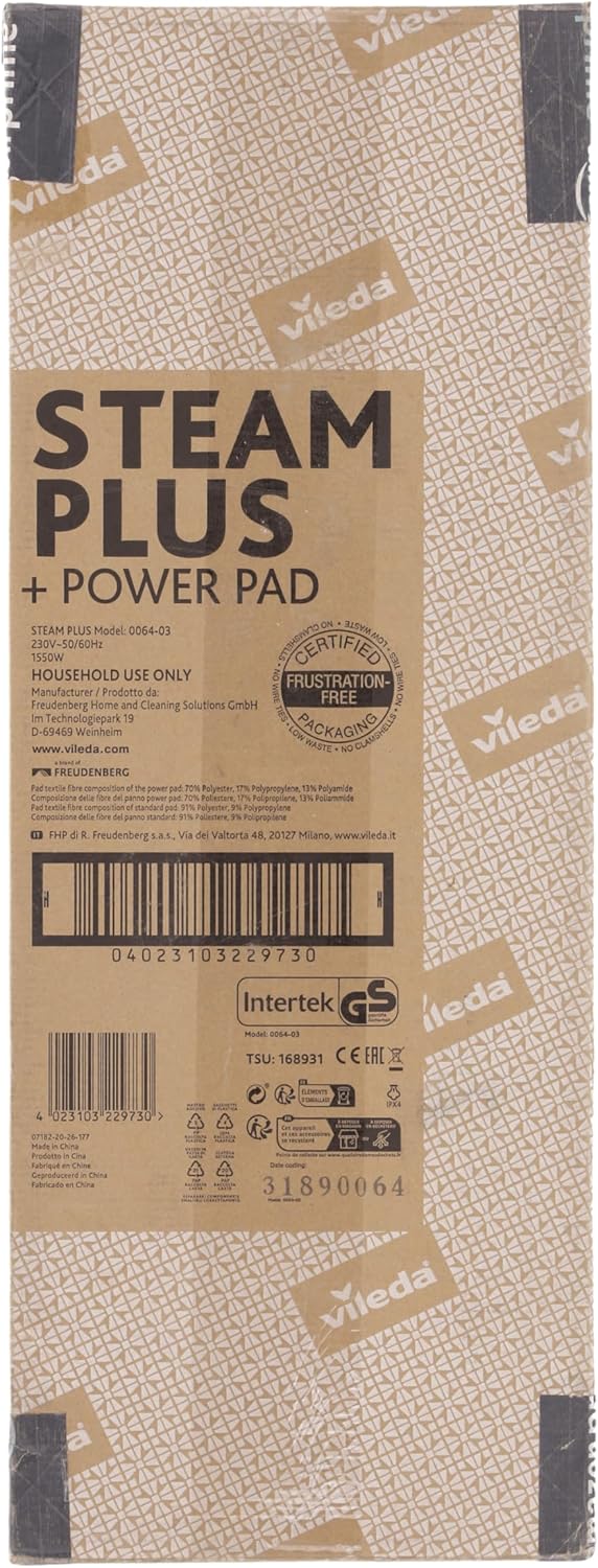 Vileda Steam Plus Dampfreiniger mit PowerPad, zustzl. 2 Mikrofaser-Ersatzpads, entfernt bis zu 99,9% der Bakterien und Viren, für alle Bden, ideal für Teppiche, Eco-Verpackung