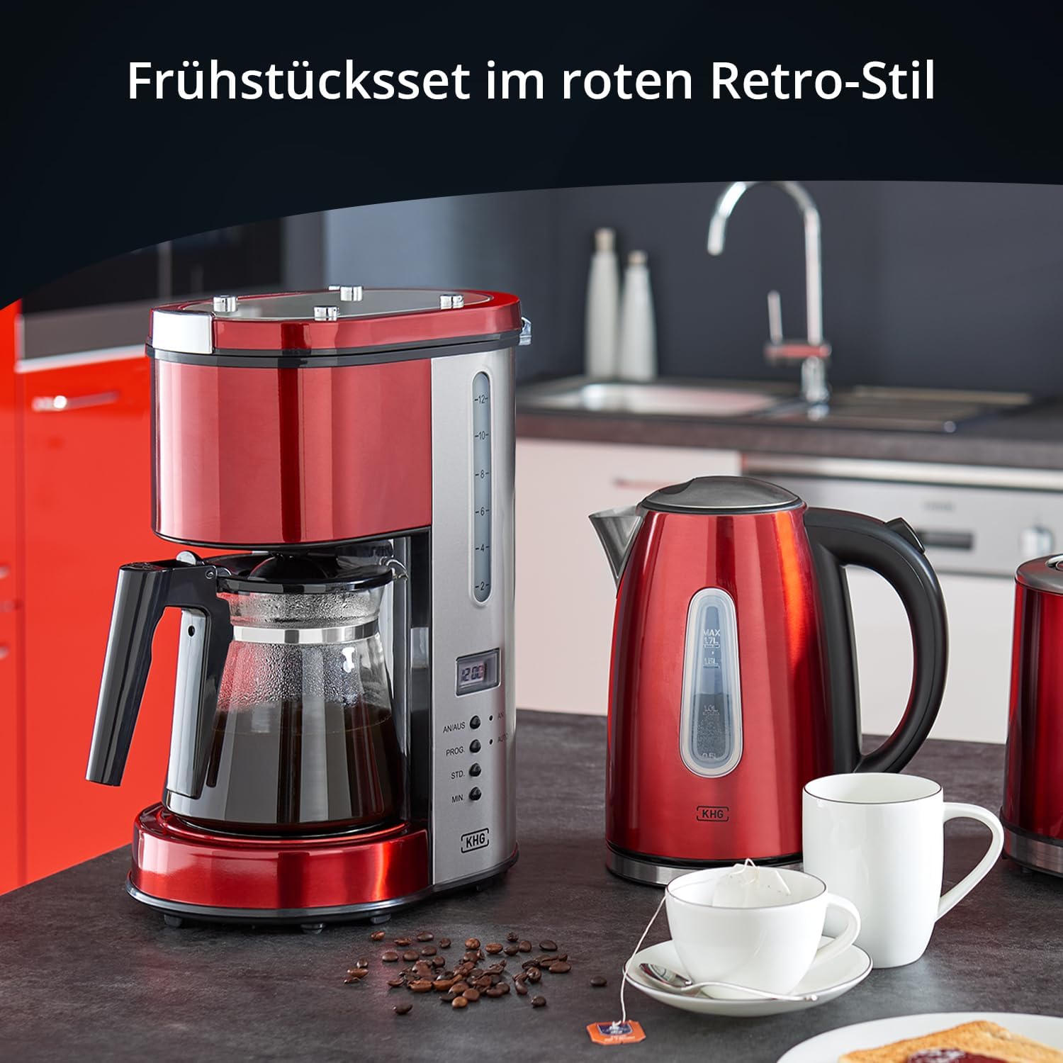 KHG Frühstücksset Wasserkocher, Toaster & Kaffeemaschine in Rot, Edelstahl Metallic Chrom, 1,7l Kapazität, 2 Toast Scheiben & 12 Tassen Kaffee, Kontrollleuchten, Wasserstandsanzeigen, Permanentfilter