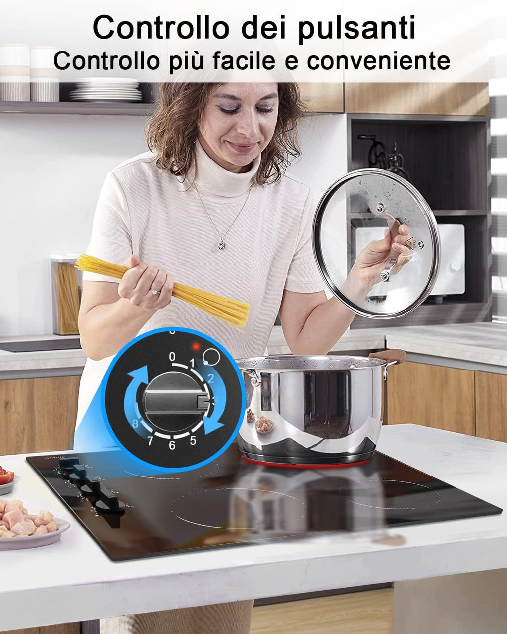 Piano cottura in vetroceramica a 4 zone, sensore touch, controllo autonomo, 60cm, 6000W, 9 livelli di potenza, cablato, senza spina