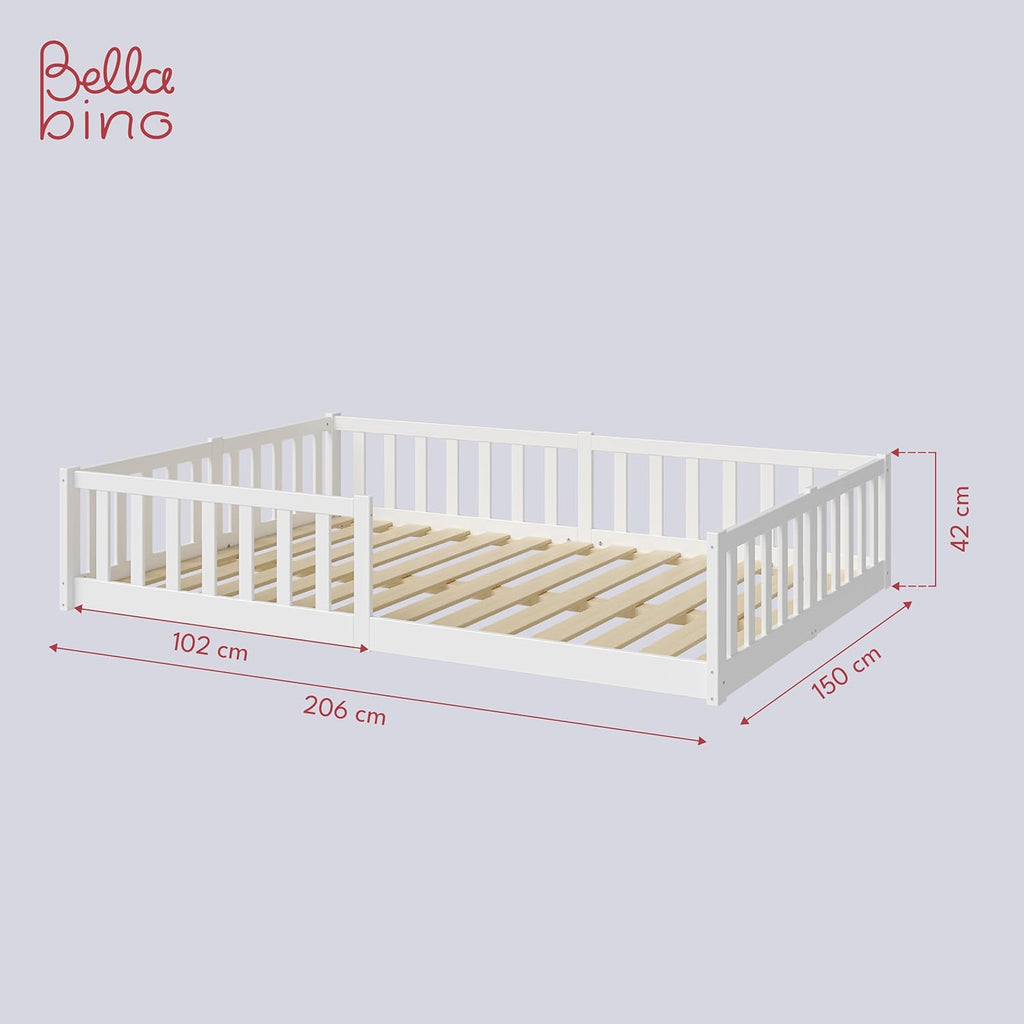 Bellabino Vere Letto a Pavimento 140x200 Montessori, Letto Matrimoniale con Protezione Anticaduta e Rete a Doghe, Letto per Bambini e Bambine in Legno Massello di Pino Bianco con Sbarre