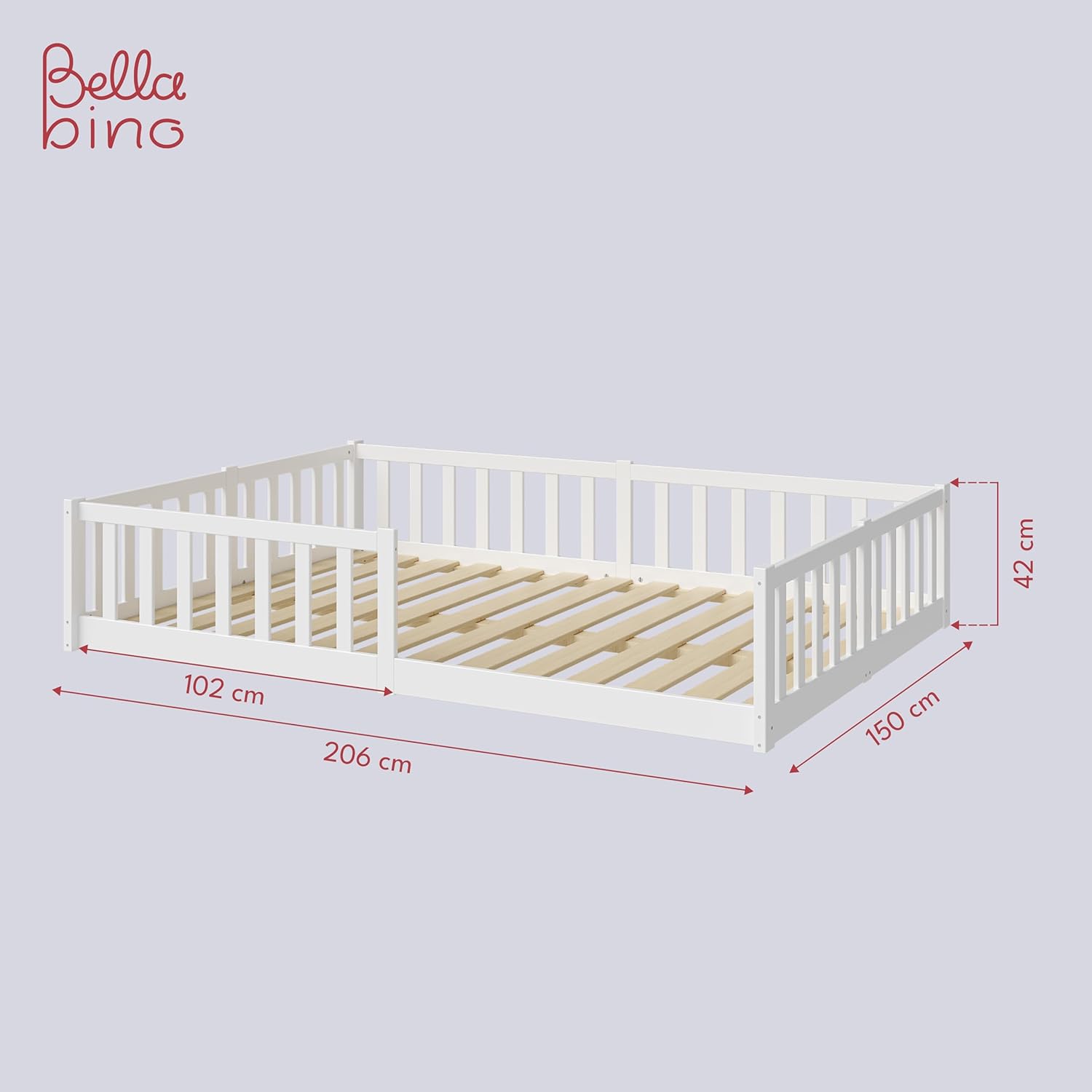 Bellabino Vere Letto a Pavimento 140x200 Montessori, Letto Matrimoniale con Protezione Anticaduta e Rete a Doghe, Letto per Bambini e Bambine in Legno Massello di Pino Bianco con Sbarre