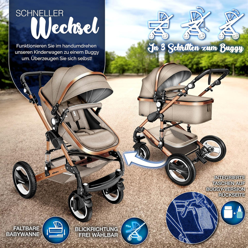 KIDUKU® Set completo passeggino 3 in 1 | Set passeggino combinato con navicella e sedile sportivo passeggino e seggiolino auto ovetto sacco a pelo | Ruote in gomma piena borsa per il cambio scaldamani parapioggia tavolino ECE R129