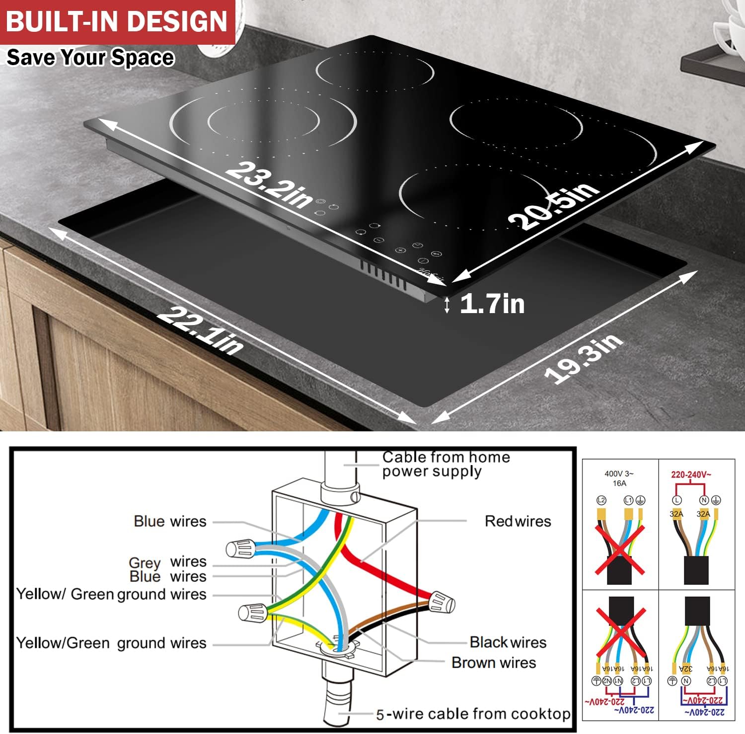 Piano cottura in vetroceramica a 4 zone, sensore touch, controllo autonomo, 60cm, 6000W, 9 livelli di potenza, cablato, senza spina