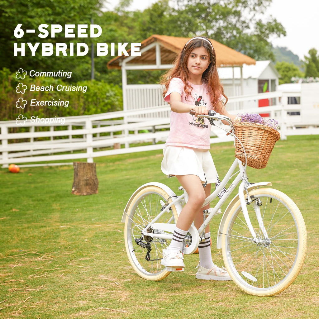 Glerc Missy 20 24 26 Zoll Mädchen City 6-Gang Hybrid Cruiser Fahrrad mit Weidenkorb für Jugend über 6-Jahre alt, mehrere Farben