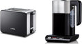 Bosch TAT7203 Tostapane compatto, funzione scongelamento/riscaldamento, 1050 W, acciaio inox/nero e bollitore senza fili, spegnimento automatico, protezione surriscaldamento, selezione temperatura, 1,5 L, 2400 W, nero