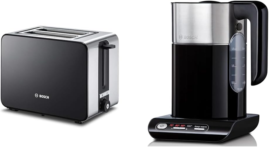 Bosch TAT7203 Tostapane compatto, funzione scongelamento/riscaldamento, 1050 W, acciaio inox/nero e bollitore senza fili, spegnimento automatico, protezione surriscaldamento, selezione temperatura, 1,5 L, 2400 W, nero