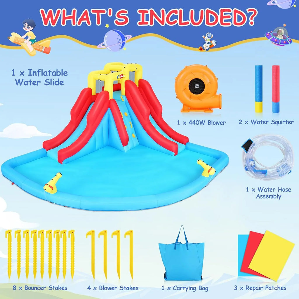 Scivoli d'acqua gonfiabili per bambini, parco acquatico gonfiabile 8-in-1 con soffiatore da 450 W, parete da arrampicata, piscina, 2 cannoni ad acqua, canestro da basket, scivolo ad acqua, irrigatore a coccodrillo come regalo per una festa in giardino