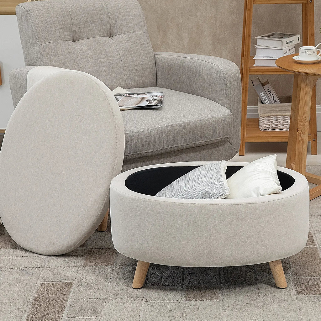 HOMCOM Panca Contenitore Ovale Effetto Velluto Gambe in Legno Beige