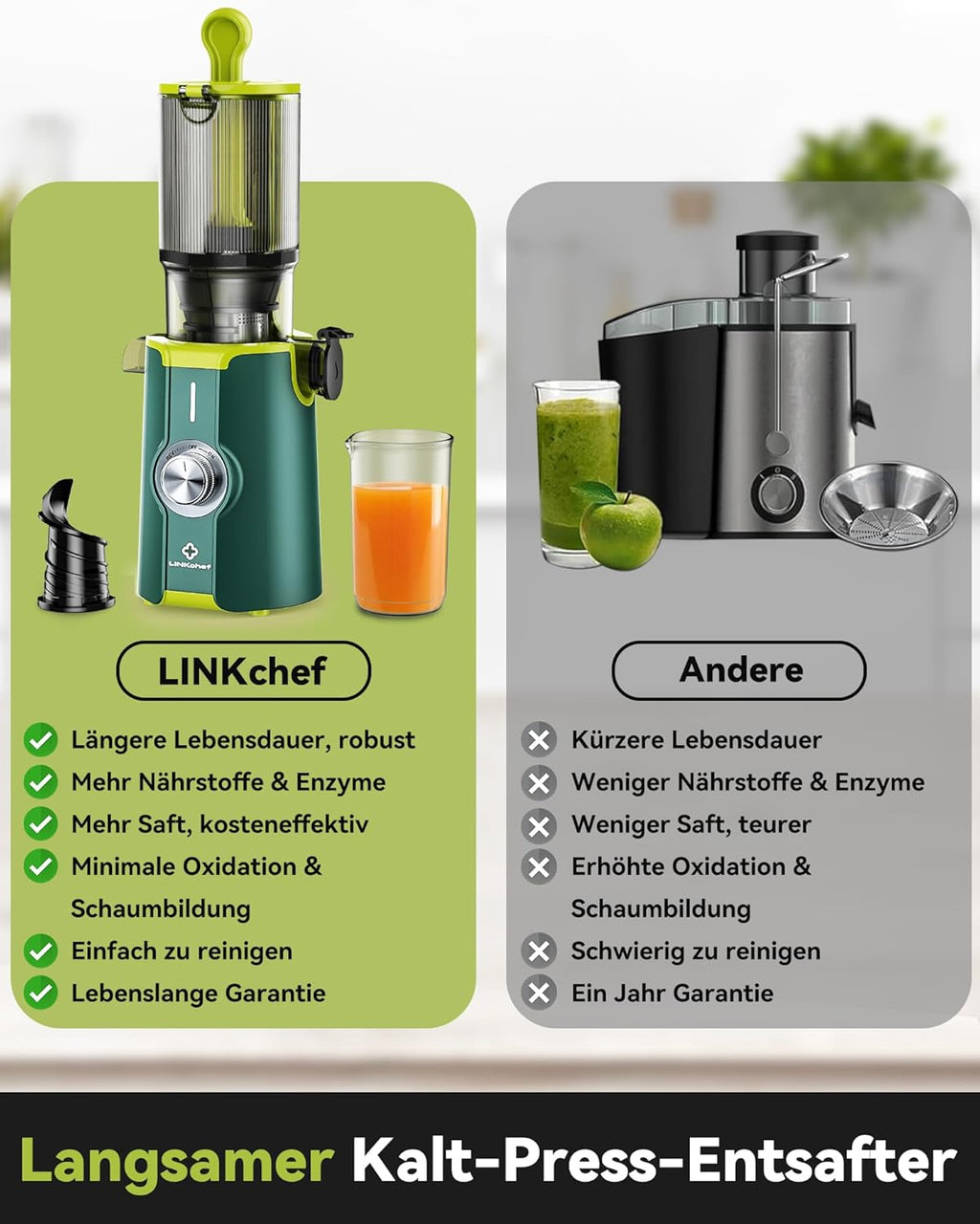 LINKChef Schnellreinigungs Entsafter, NO-Prep Entsafter Gemüse und Obst, Blitzreiniger Saftpresse Slow Juicer Testsieger mit Einfacher Installation, BPA Frei, 115mm, 1.2L, 200w Schwarz