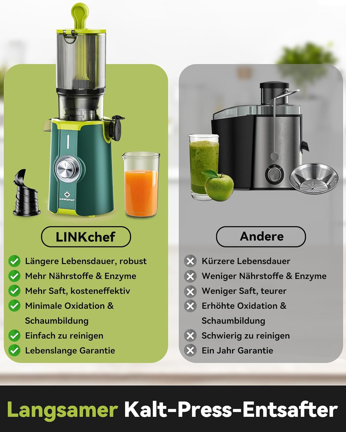 LINKChef Schnellreinigungs Entsafter, NO-Prep Entsafter Gemüse und Obst, Blitzreiniger Saftpresse Slow Juicer Testsieger mit Einfacher Installation, BPA Frei, 115mm, 1.2L, 200w Schwarz
