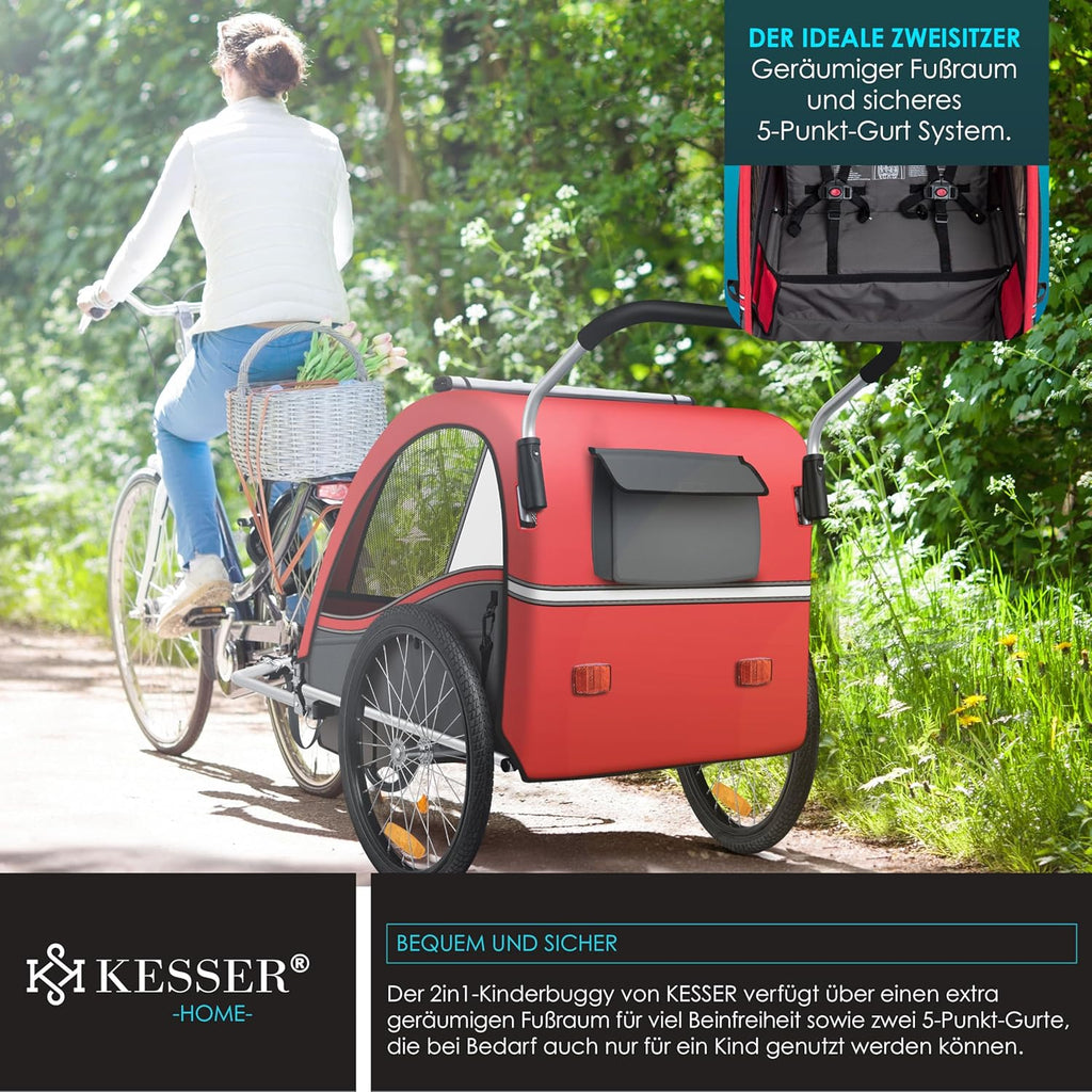 KESSER® Kinderfahrradanhänger Sport-RX 2in1 Jogger & Buggy 5-Punkt-Gurt Sicherheitsgurt 360° Vorderrad Kinderfahrradanhänger Reflektoren für 1-2 Kinder (max. 40 kg) Getränkehalter & Smartphonefach