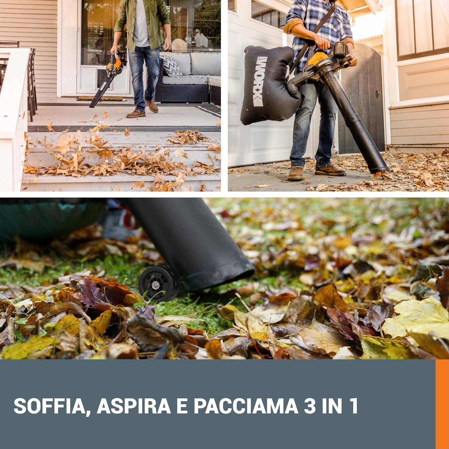 WORX WG583E.9 Soffiatore/Aspiratore per Foglie a Batteria 40V (2x20V) - 2 in 1 per Spazzare e Aspirare le Foglie - Sacco di Raccolta da 35L - Senza Batteria e Caricabatterie, Nero / Arancione